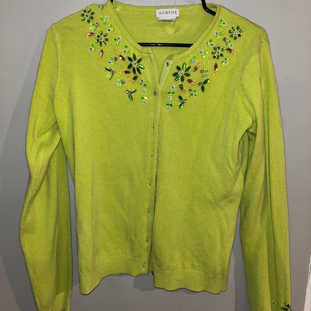 green cardigan with rhinestones